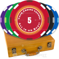 Set of colorful poker chips with a wooden case