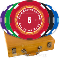 Set of colorful poker chips with a wooden case