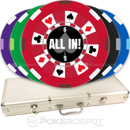 Ring of suits set of poker chips with a metal case on a white background