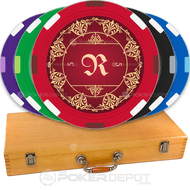 Set of monogramed poker chips in various colors with a wooden case.
