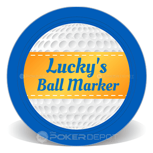 Golf ball marker chip with a blue and orange marker labeled 'Lucky's Ball Marker' on a white background.