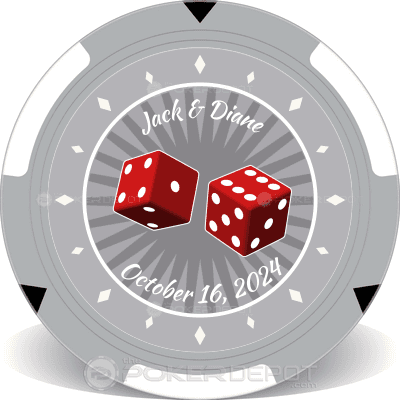 Personalized wedding poker chip with red dice and text 'Jack & Diane October 16, 2024' on a gray background