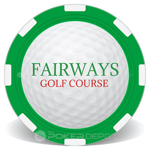 Golf course ball marker with 'Fairways Golf Course' text on a white background