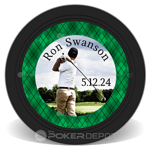 Personalized golf plaid ball marker with a photo of a golfer and text on a green and black background