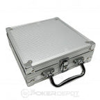 Silver metallic 100 chip aluminum poker case closed with a handle on a white background