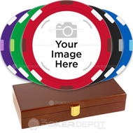 Set of poker chips with a customizable area and wooden box in the background
