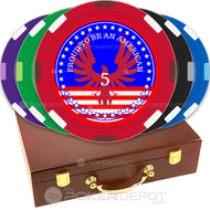 Set of patriotic poker chips with a prominent eagle emblem on a wooden tray