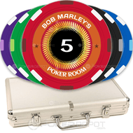 Set of colorful poker chips with a case labeled 'Bob Marley's Poker Room' on a white background