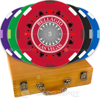 Set of colorful poker chips with a wooden case, featuring 'Bellagio Las Vegas' branding.