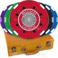 Set of colorful poker chips with a wooden case, featuring 'Bellagio Las Vegas' branding.