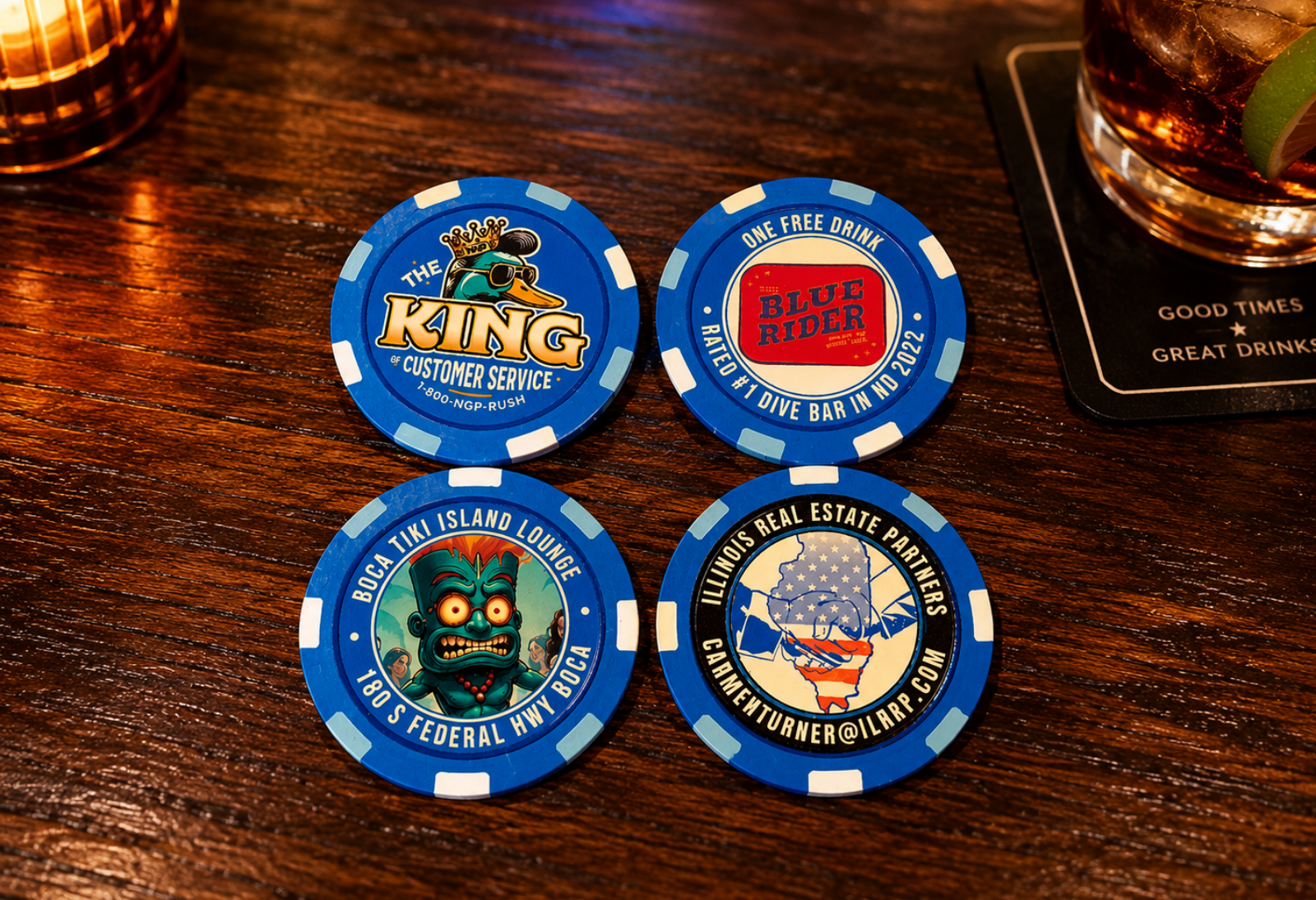 4 Blue Multi-Stripe Custom Poker Chips featuring different logos and offerings like free drink token