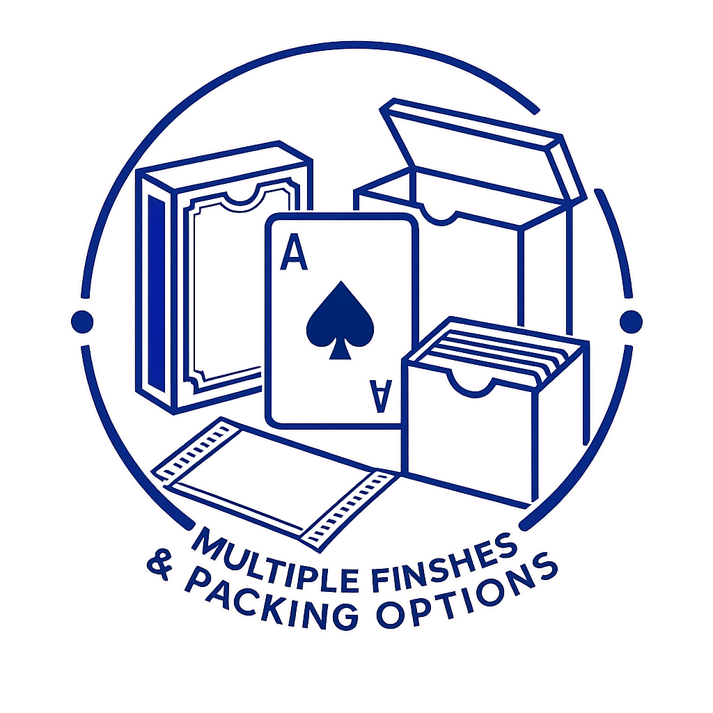 Blue Icon featuring Ace of Spades and Different Packaging Options for Custom Playing Cards