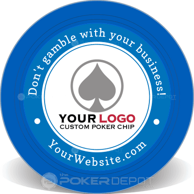 Blue business poker chip with customizable text and logo area on a white background