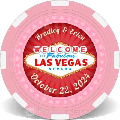 Personalized poker chip with 'Welcome to Fabulous Las Vegas Nevada' text on a red and white background