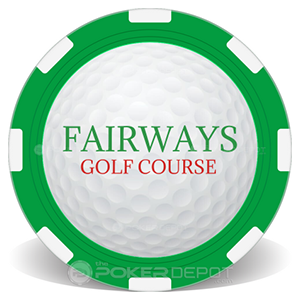 Golf course ball marker with 'Fairways Golf Course' text on a white background