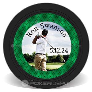 Personalized golf plaid ball marker with a photo of a golfer and text on a green and black background